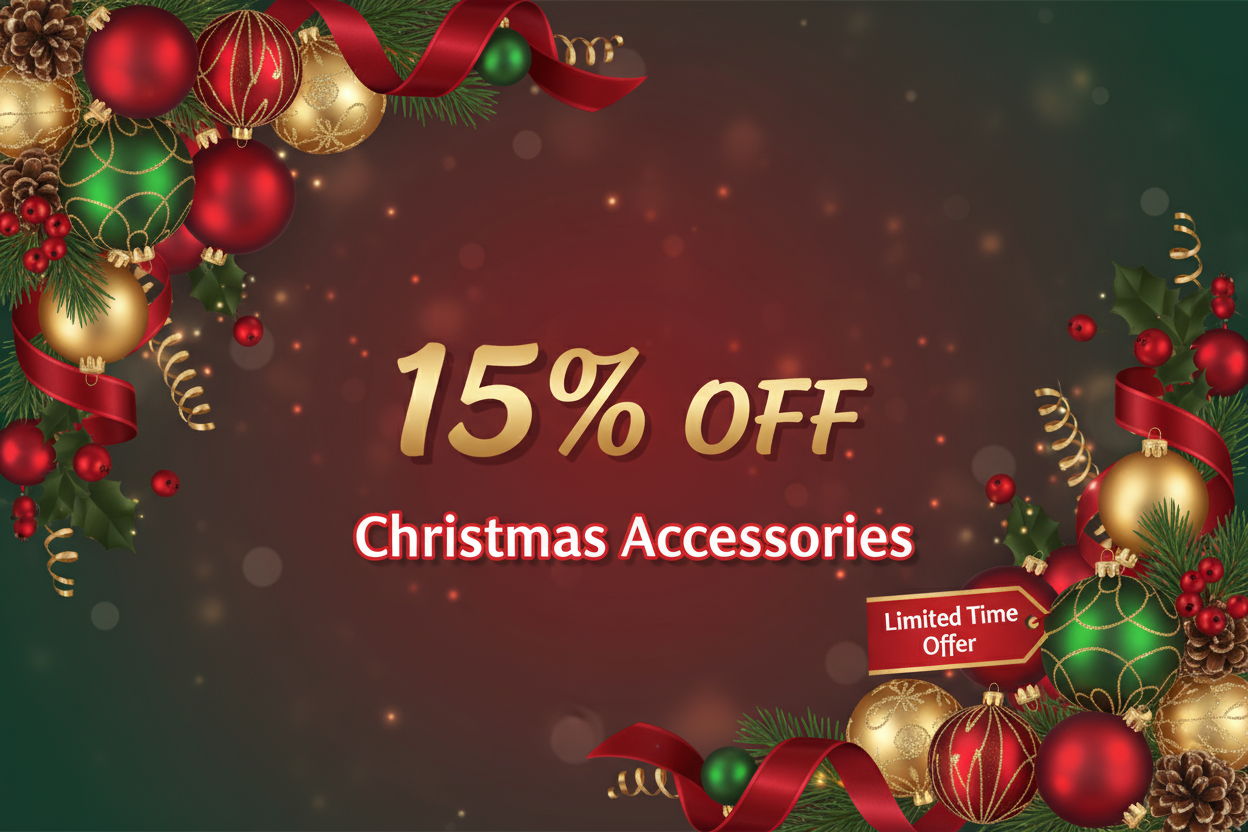 Bannière promotionnelle - 15% de réduction sur les accessoires de Noël